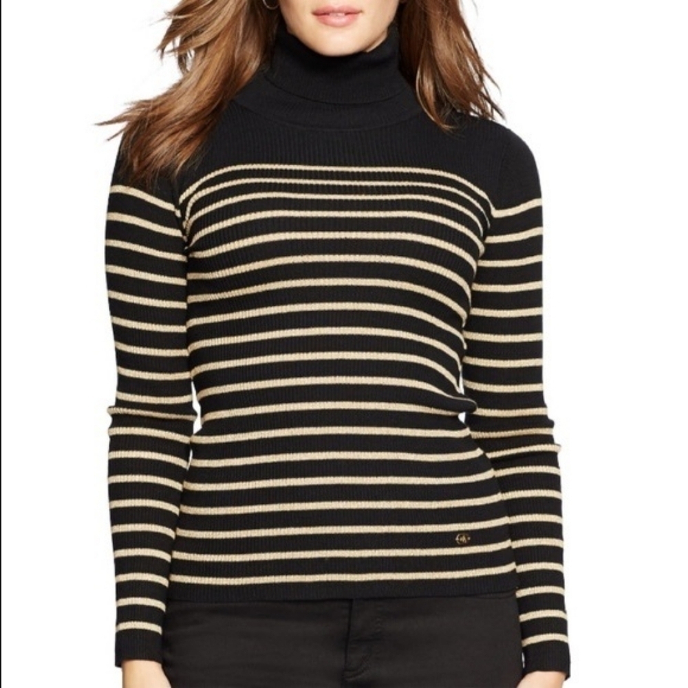 Lauren Ralph Lauren Black & Gold Metallic Stripe Ribbed Turtleneck Sweater